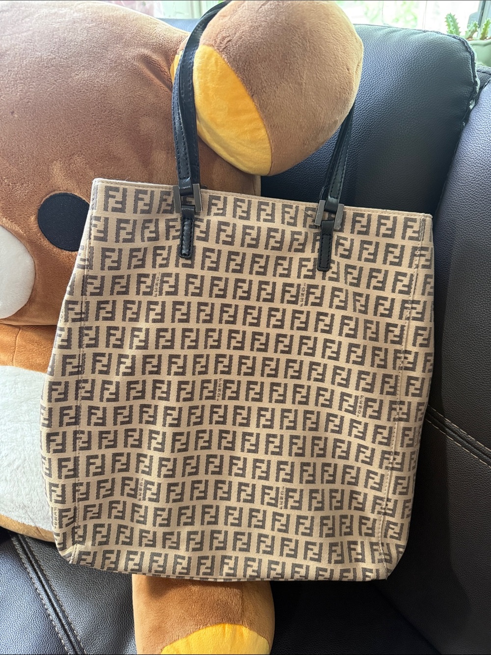 Fendi Brown Zucca Pattern Canvas Shopper with Black Handles
